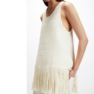 ZARA Ecru Textured Tweed Weave Cream Top with Fringe Bottom Blouse